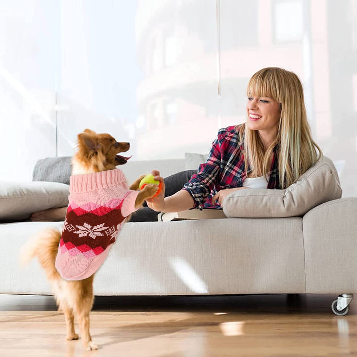 KUTKUT Turtleneck Knitwear Small Dog Sweater, Soft Comfortable Pet Knitwear Pullover For Shihtzu, Pug Etc, Argyle Style Weaved Pet Sweater Winter Dog Clothes (2Xl, Chest: 50Cm), Pink 2