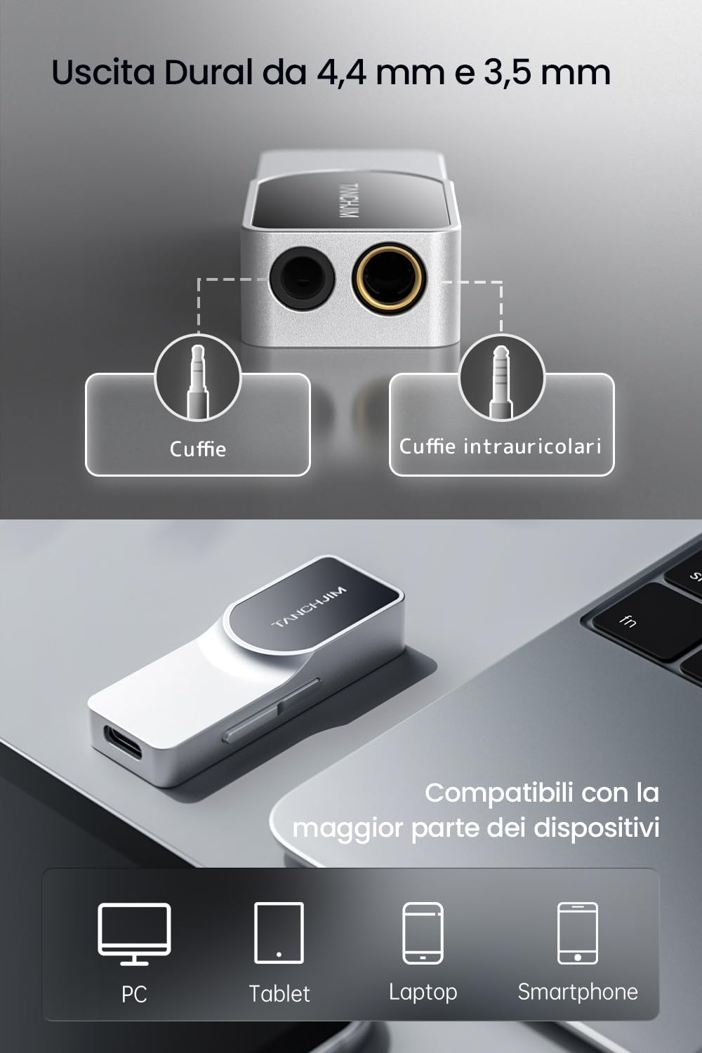 TANCHJIM Luna Amplificatore cuffie portatile USB HiFi con DAC duale CS43198 ad alta risoluzione, decodifica 32Bit/768kHz DSD256, uscite 4.4mm e 3.5mm per smartphone/PC/laptop/lettori audio domestici