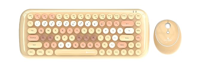 Coconut Bling Typewriter Inspired 2.4GHz Retro Wireless Keyboard and Mouse Set with USB Support, Round 84 Keycaps for PC & Laptop (Milk Tea)