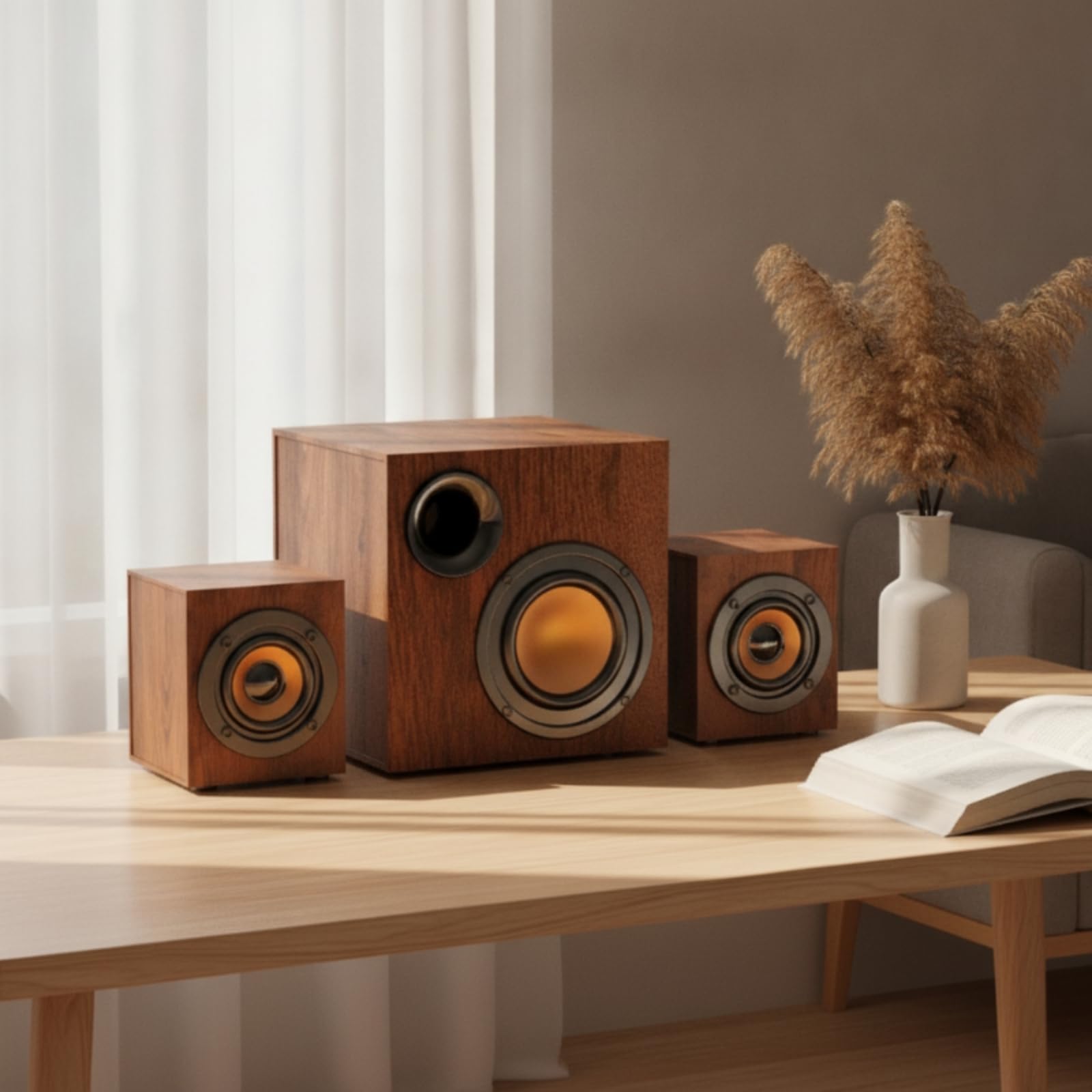 Altavoz Multimedia 2.1 con Subwoofer Equipo de Sonido Estéreo con Madera Clásica Impactantes y Bluetooth Estable, Blanco Roble, Estándar Conexión por Cable, Sonido Estéreo, Altavoz Normal