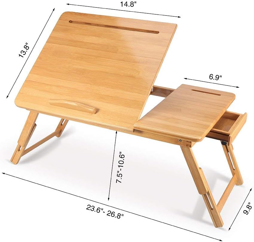 Bamboo Notebook Table, Folding Laptop Desk, Dorm Desk, Bed Desk Serving Tray Breakfast Table Coffee Tea Table Standing Desk for Bed and Sofa, Bamboo Laptop Stand with 5 Tilting Top Angles & Drawer