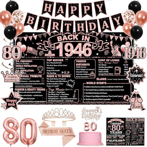 80th Birthday Decorations for Women Rose Gold Black Back in 1946 Party Supplies Kit with Happy 80th Birthday Banner Crown Sash Backdrop Cake Topper 80 Years Old Birthday Decorations