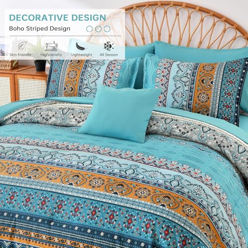 Image of Cottolester Boho Queen Comforter Set 8 Pieces,Teal and Yellow Bohemian Comforter Paisley Striped Bed in A Bag,Soft Microfiber Bedding Set for All Season