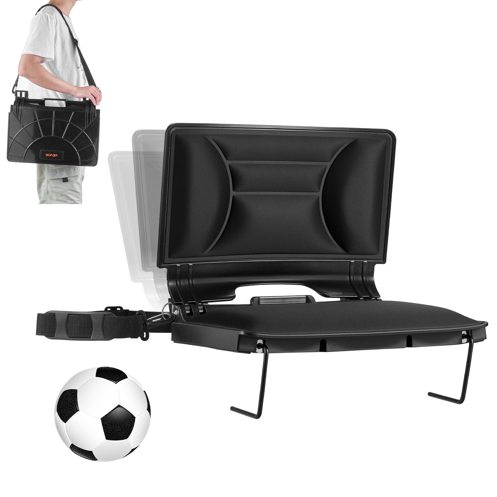 VEVOR Stadium Seat, Folding Bleacher Chair with Back Support and Thick Cushion, Padded Stadium Seat for Bleacher Includes Shoulder Strap, Hooks, Cup Holder, Lycra Material, Side Pocket, PP Material