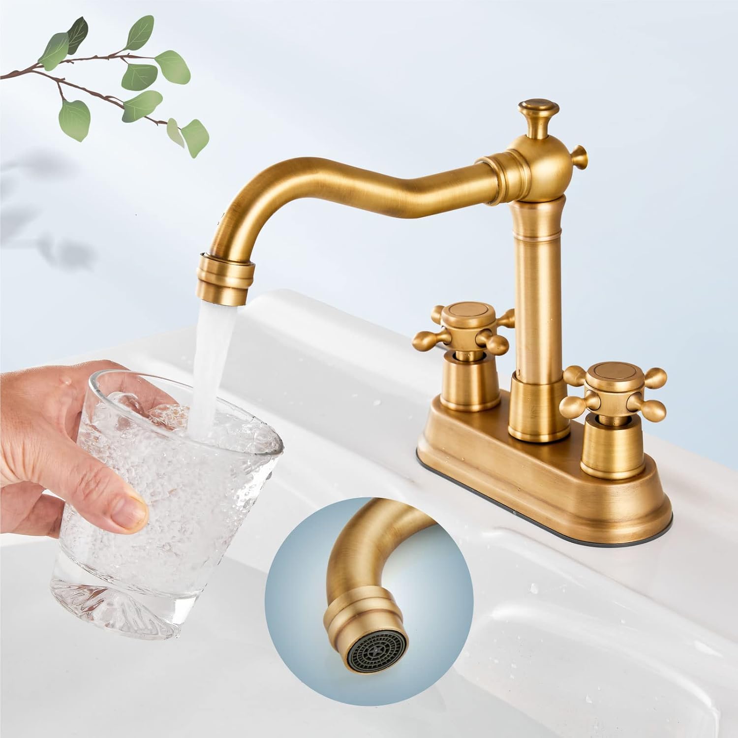 Aolemi 4 Inch Centerset Bathroom Sink Faucet Vintage 2 Cross Handles RV Mixer Tap Basin Vanity Lavatory Utility for Sink 3 Hole Include Water Hose Pop Up Drain with Metal Cover Antique Brass - Image 2