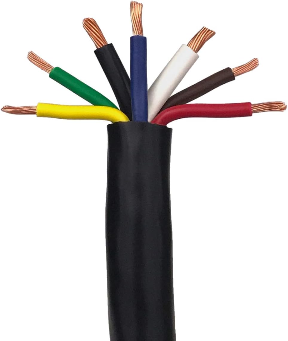 7 Conductor Trailer Cable, 10-12-14 AWG GPT, Color Coded PVC Wires with PVC Jacket, 12' Length
