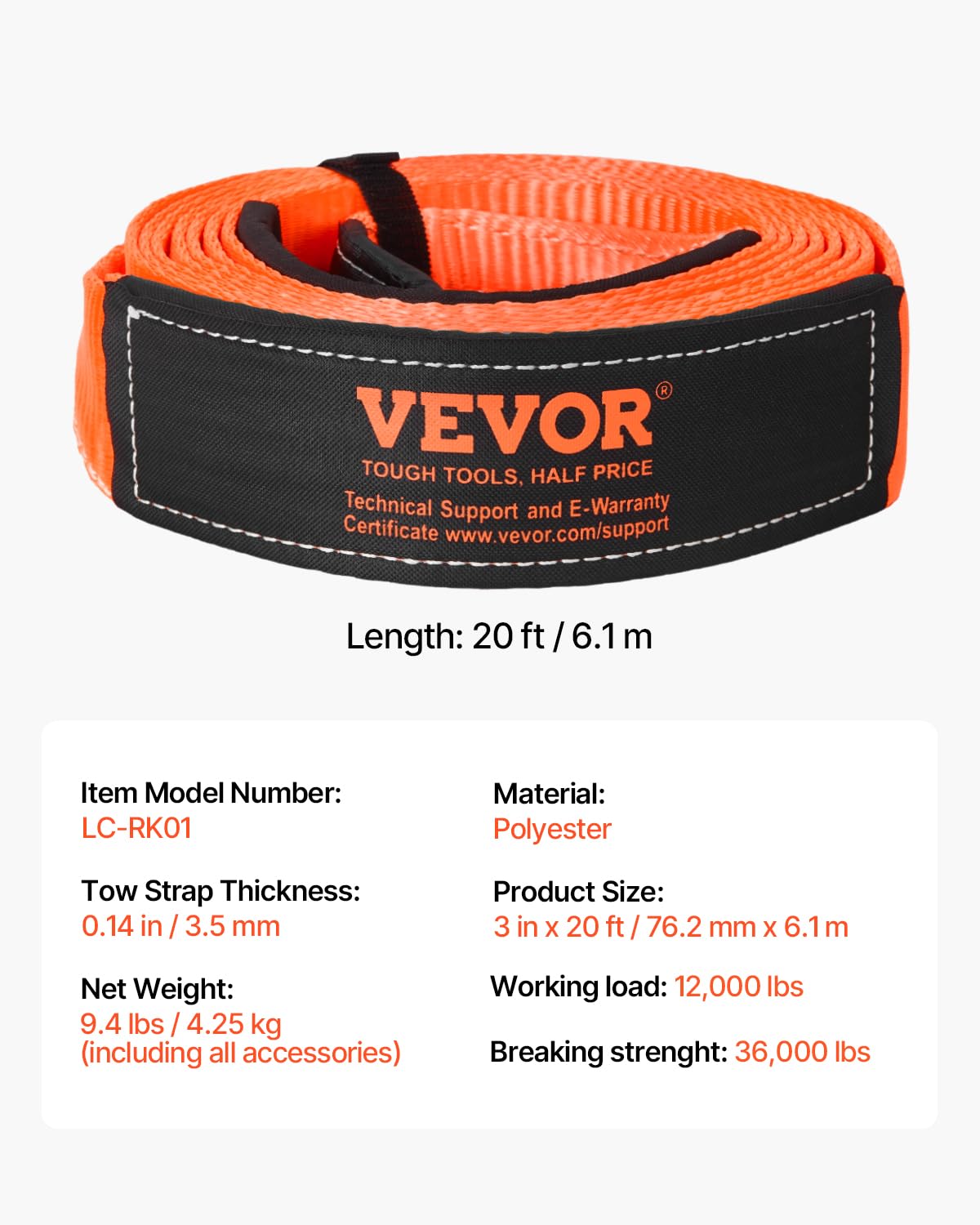 VEVOR Wytrzymały zestaw do odzyskiwania paska holowniczego 7,6 cm x 6 m (MBS-16.3 kg) pasek do wciągarki, potrójnie wzmocniona pętla, rękawy ochronne i torba do przechowywania, szekle D-ring 3/10.2 cm