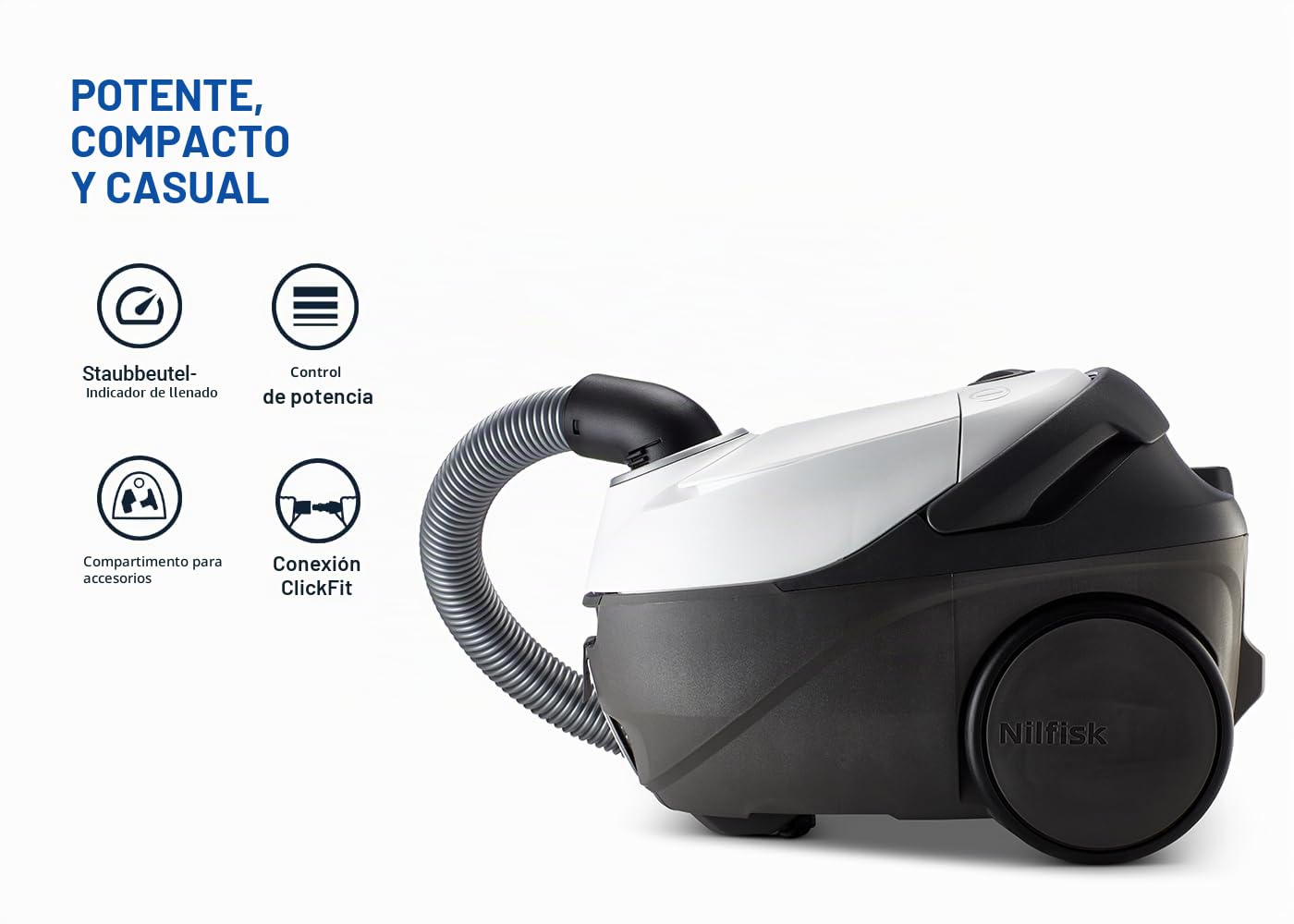 Nilfisk Aspiradora One para Suelos y Alfombras con Filtro EPA - Aspirador Potente, Compacto y Ligero - Blanca, 3L, 750W (WB10P05A)