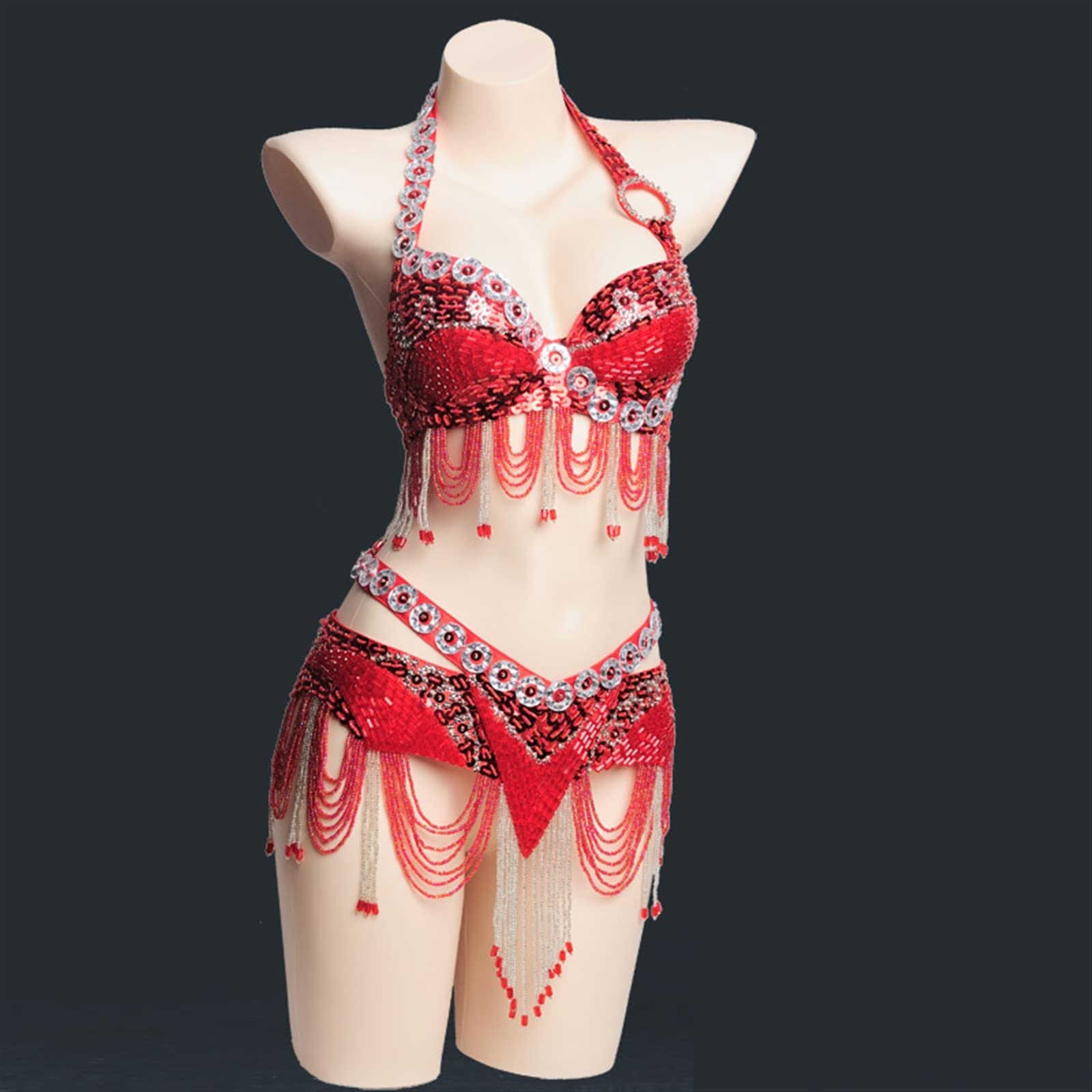AGAATI Ropa de Baile para Mujer, Sujetador y cinturón con Cuentas de Lentejuelas, Traje de Danza del Vientre, 2 uds., Disfraz de Diamantes de imitación para Danza del Vientre (Lake Blue L)