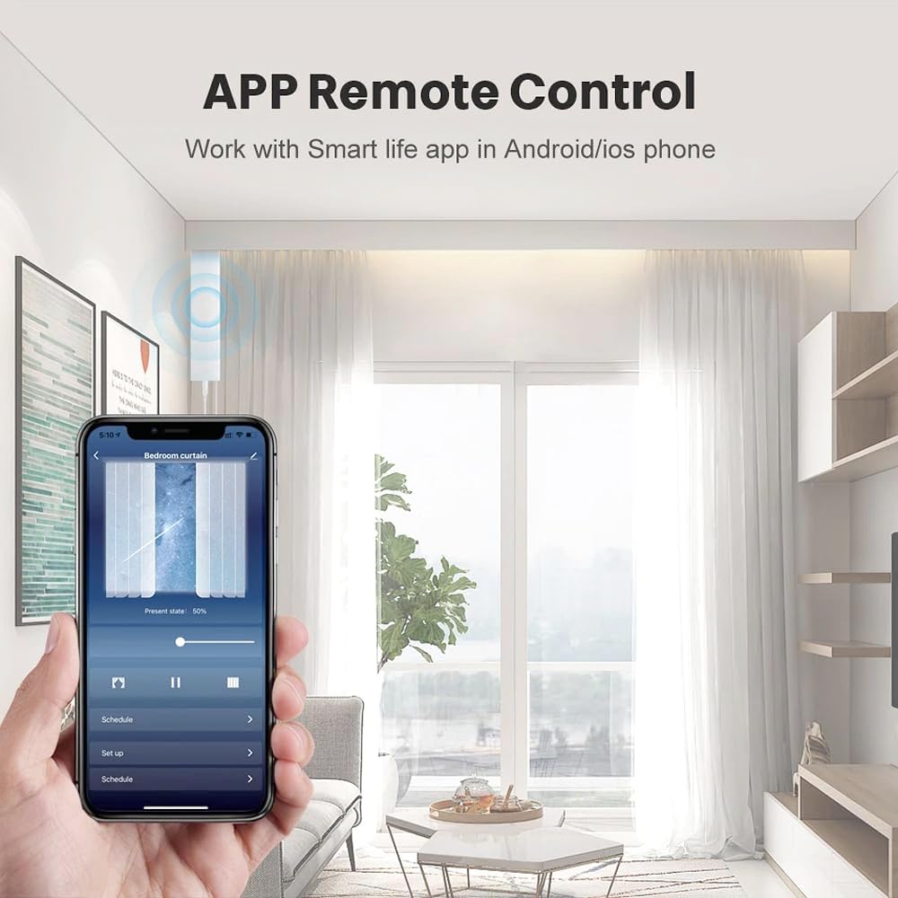 Smartphone displaying the Smart Life app controlling curtains