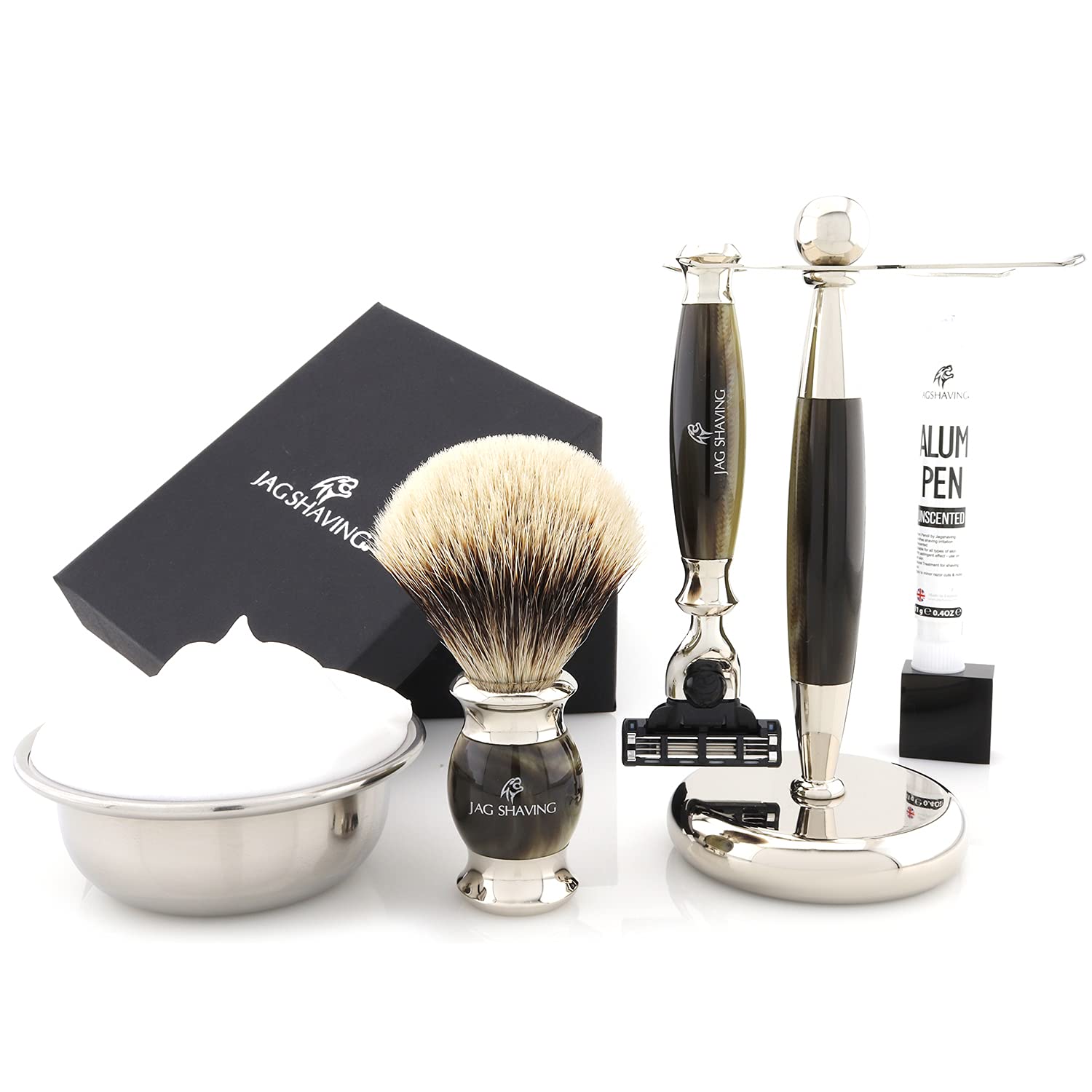 Jag Shaving zestaw do golenia - 3-częściowy zestaw do golenia - JAG's LEE Range - pędzel do golenia z włosia borsuka - 3 ostrza do golenia - stojak do golenia - kolor zielony