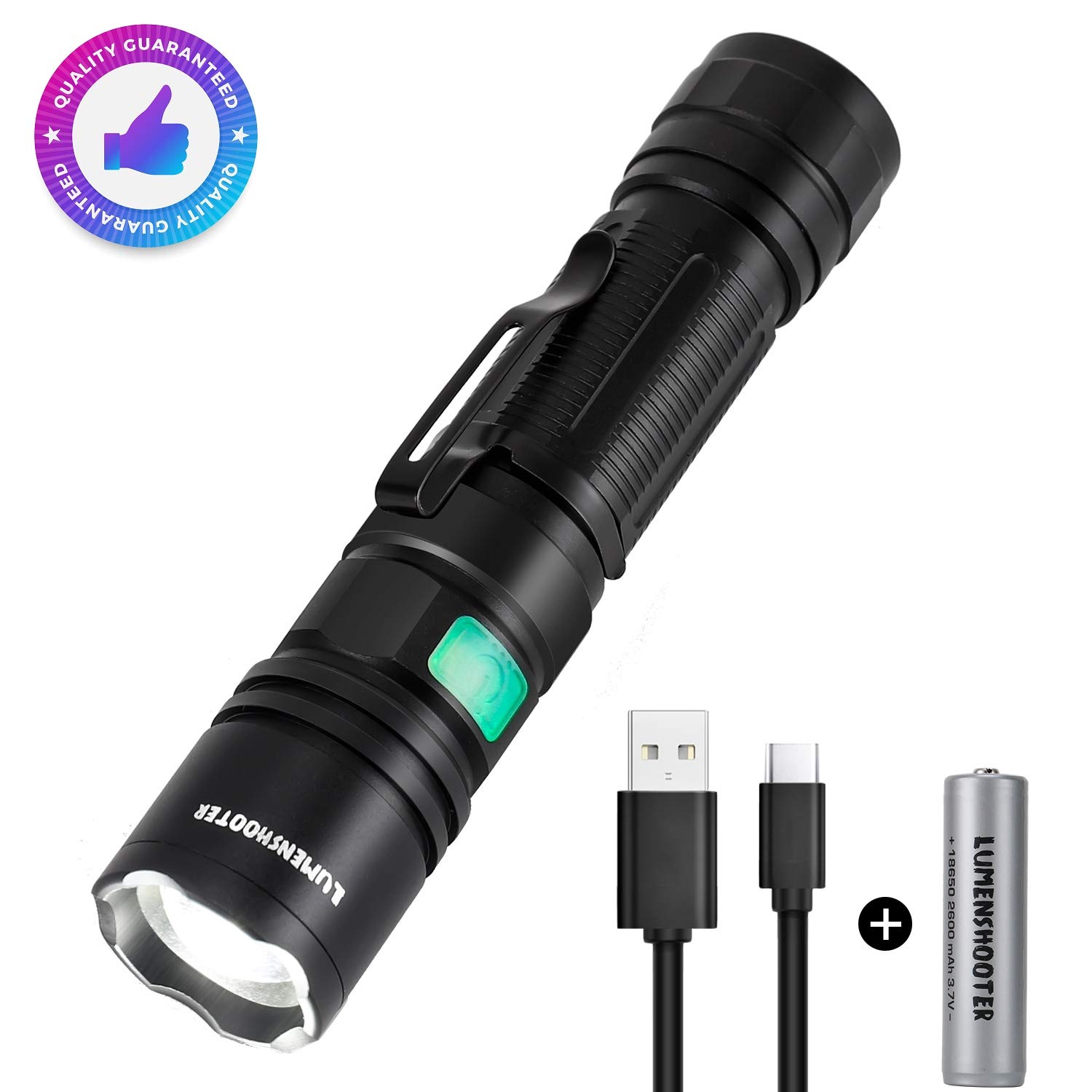 SU2 LED Tactical Flashlight Torch USB Rechargeable, 1000 Lumens Super Bright Pocket-Sized Zoomable Flashlight with Clip,5 Modes for Walking, Camping, Hiking, Emergency & EDC