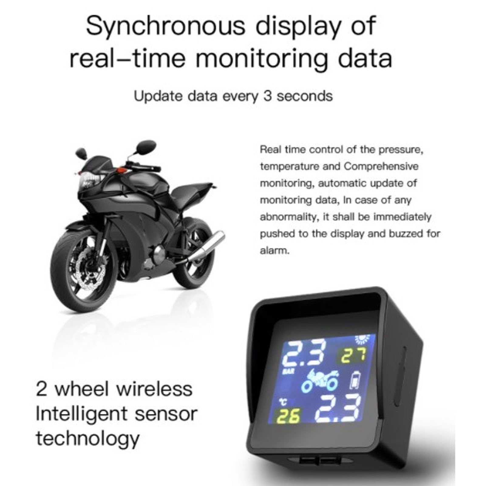 Annadue Reifendruckkontrollsystem TPMS Solar Drahtloser Reifendruckmonitor, Solar- und USB-Aufladung, Echtzeit-Druck- und Temperaturwarnungen für Motorradroller