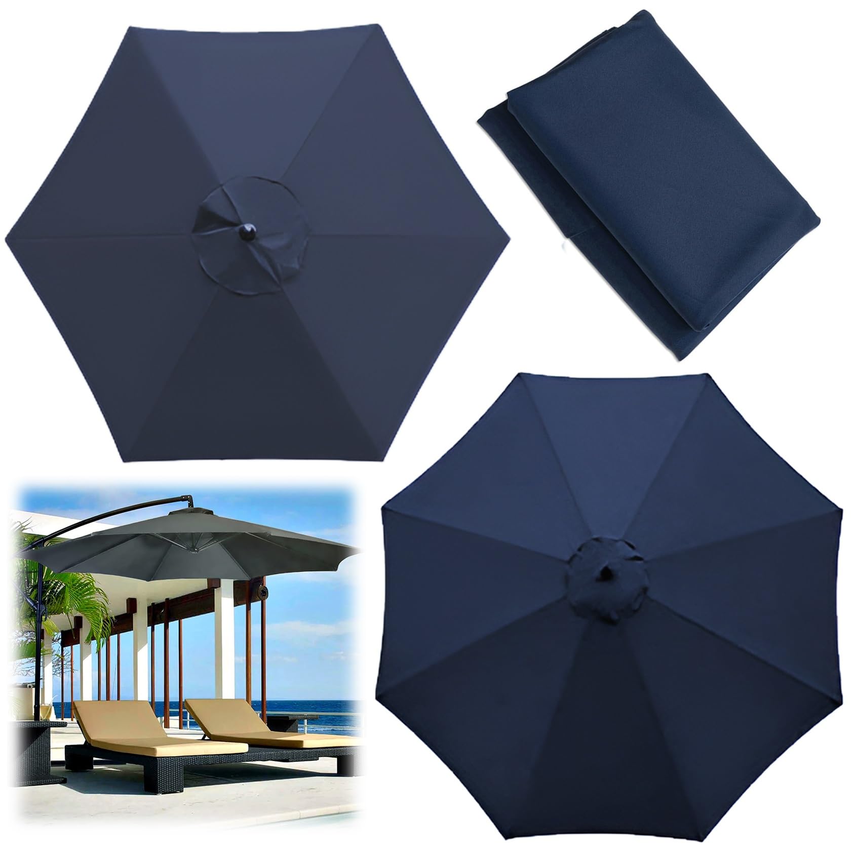 Replacement Parasol Canopy, 2/00270/300 CM Market Table Umbrella Cloth Replacement Fit 6/8 Arms Patio Umbrella Outdoor Deck Parasol Cover Lawn Pool(Color:Navy blue,Size:6 ribs-2m(6.5ft))