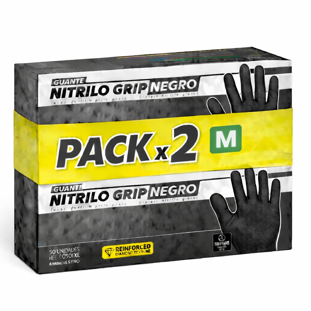 (Pack de 100) Guantes de Nitrilo Diamantados Negros Talla M (Sin Latex y de Doble Grosor) - Guante Para Mecánica - Nitrile Gloves - Guantes Nitrilo - Guantes Trabajo Hombre - Luvas Descartaveis