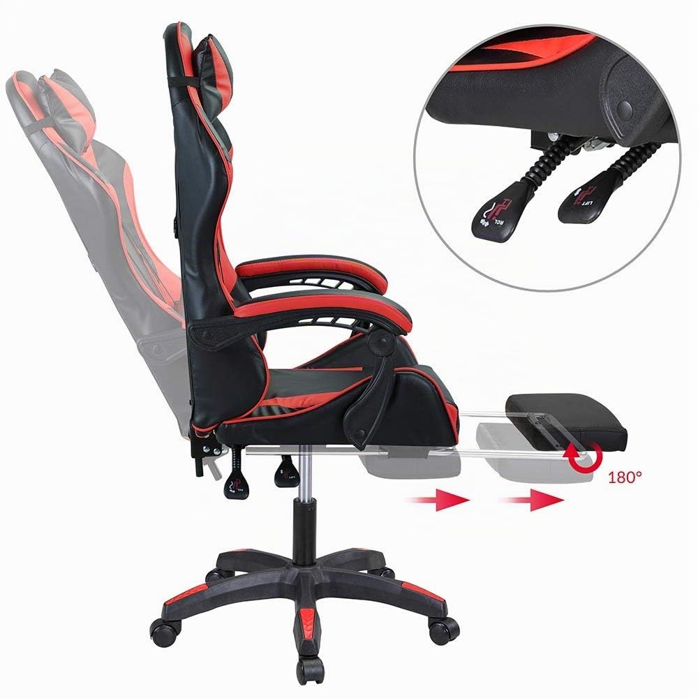 BAKAJI Sedia Poltrona Gaming Scrivana Ufficio Casa in Ecopelle Schienale Reclinabile Cuscino Lombare Poggiatesta Rotazione 360 Gradi Direzionale Altezza Regolabile Base 5 Ruote (Rosso con Poggiapiedi)