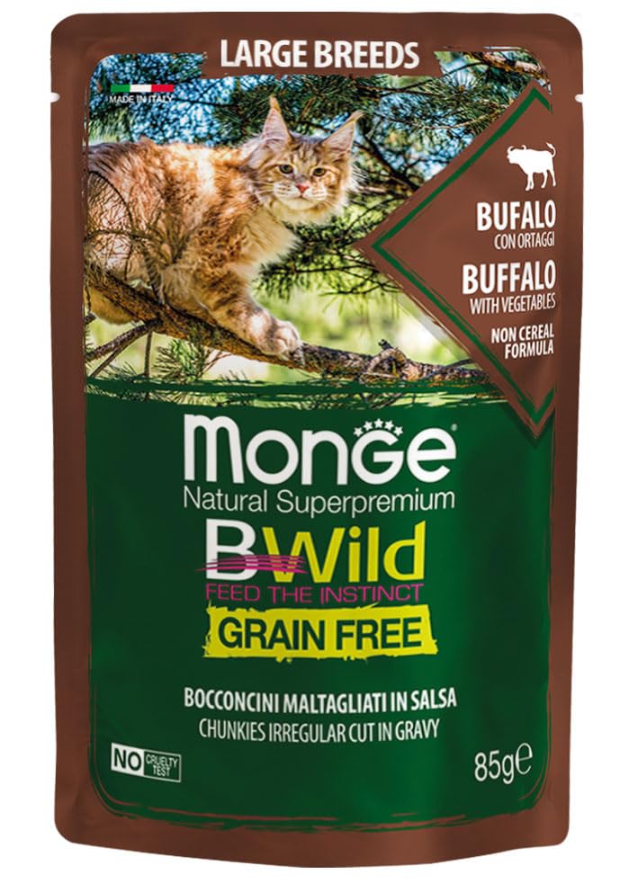 Monge BWild Grain Free Cibo Umido per Gatti Razze Grandi, Bufalo con Ortaggi in Salsa,Grain free, 6 Bustine da 85g