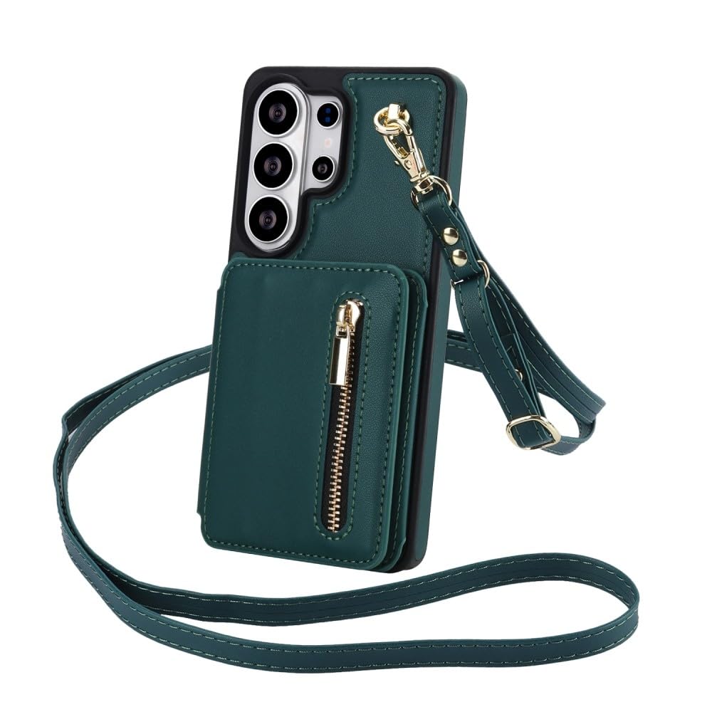 Generic Funda compatible con Samsung Galaxy A16 4 / 5G (color: verde oscuro) Funda tipo cartera de cuero con cierre y correa para el hombro