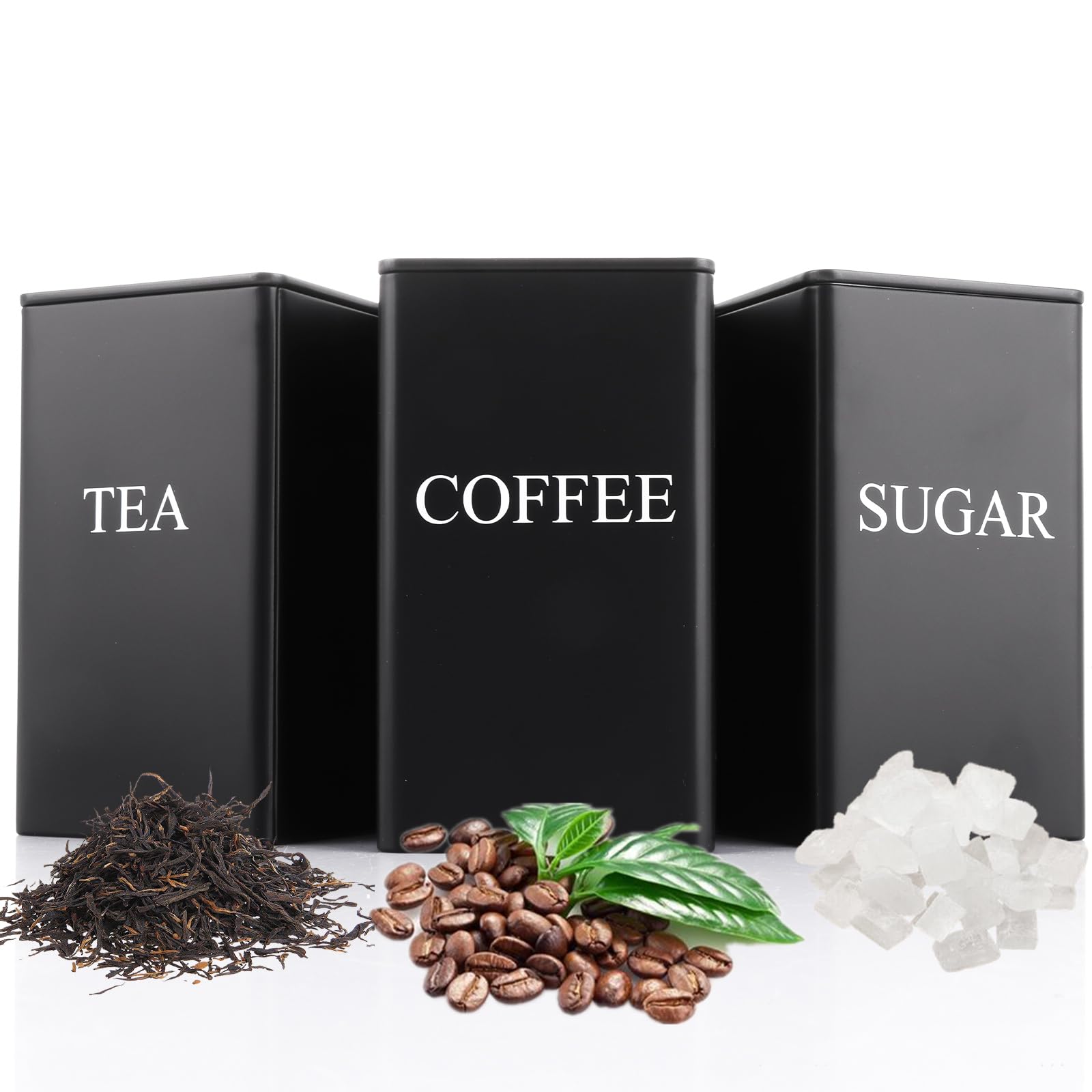 ASelected Tea Coffee Sugar Canisters 3 Piece Metal Food 8.5x8.5x15CM, Black
