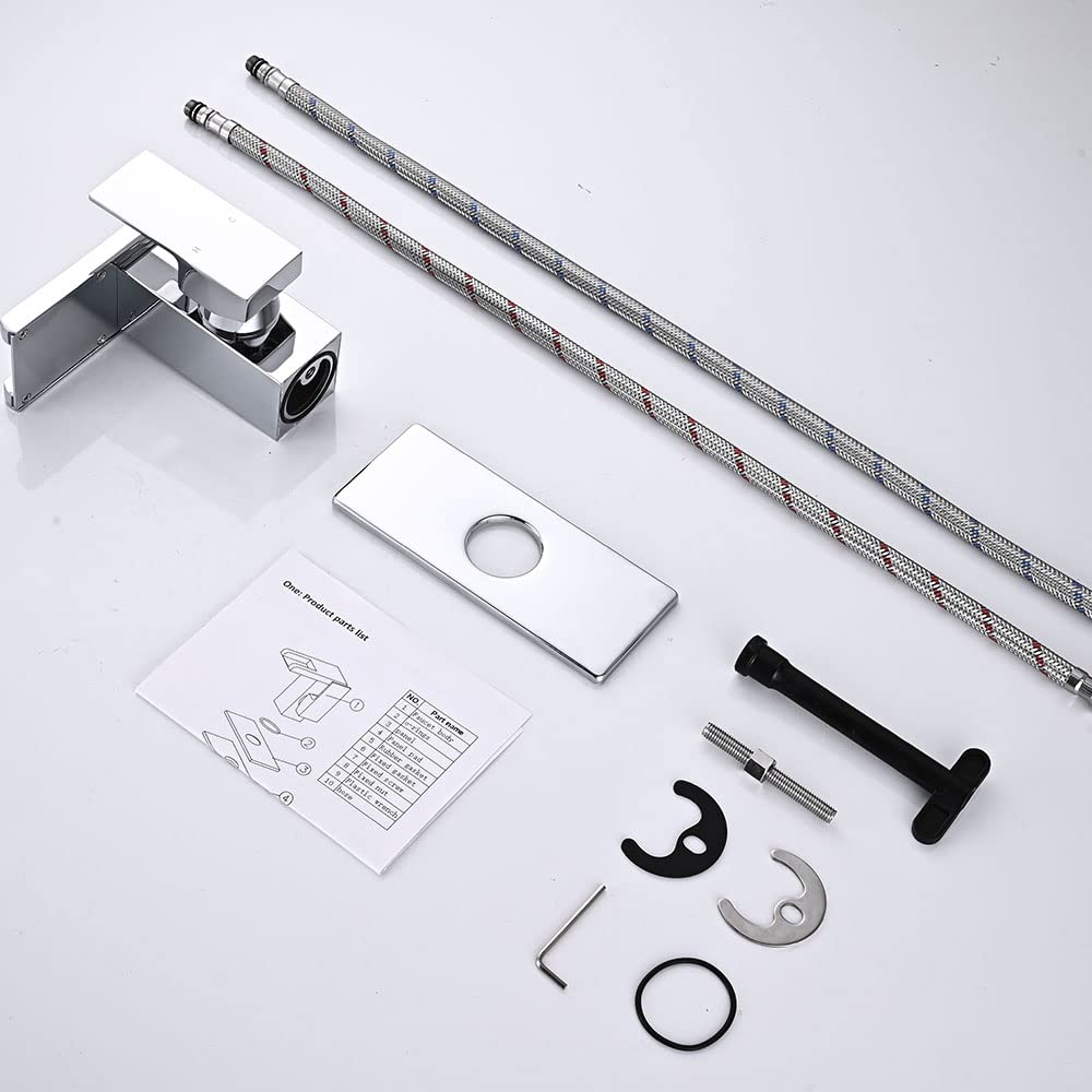 AVSIILE Bateria łazienkowa LED do umywalki, chromowany wodospad, pojedynczy otwór, do kampera, baterie łazienkowe do umywalek, 1 otwór z metalowym odpływem i 2 przewodami zaopatrzenia w wodę, uchwyt