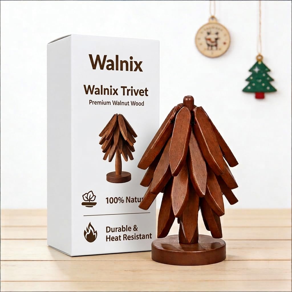 Wooden Trivet Tree - 4 Detachable Walnut Trivets for Hot Dishes and Pots, 8.9 Inch Heat Resistant Wood Hot Pad and Coaster Set, Decorative Farmhouse Kitchen Table Protector