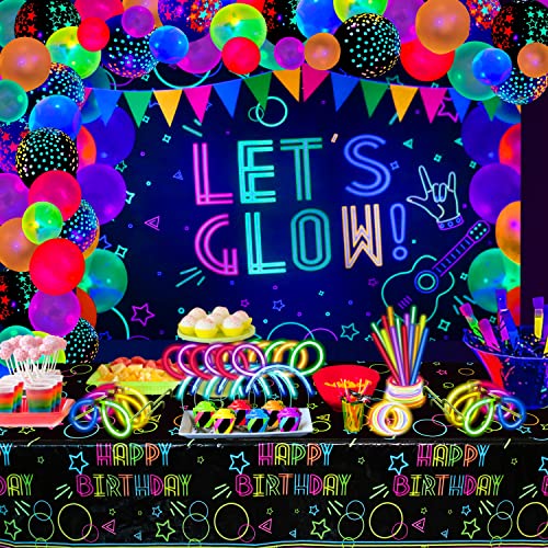 190 Pcs Neon Glow Birthday Party Supplies - Let's Glow Backdrop Banner, Tablecloth, Glow In The Dark Balloons, Glow Sticks, Bracelet Connectors, Glasses And Headband For Kid Neon Party Decorations #TOP3