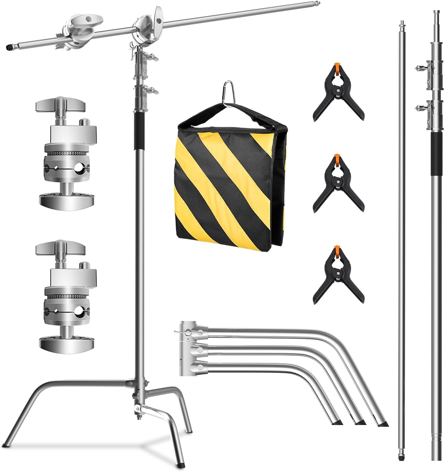 SH C Stand with Boom Arm, Heavy Duty Photography Light Stand, 6.8ft/210cm Stainless Steel C-Stand Kit with Sandbag, 2.8ft/87cm Boom for Studio Softbox and Reflector, Silver
