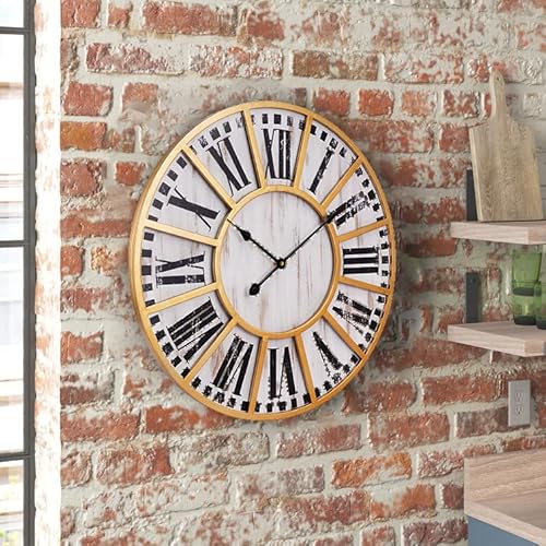 Old Oak Rustic Gold Metal Frame & White Wood Silent Non-Ticking Decorative Wall Clock (23.5-Inch) #TOP3