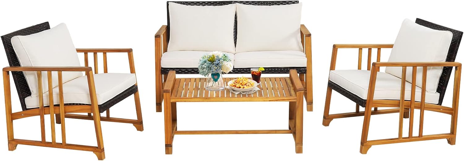 Tangkula 4 Pieces Patio Sofa Set, Outdoor Mix Brown Rattan Conversation Set with Acacia Wood Frame, Cozy Seat & Back Cushions, All-Weather PE Wicker Chair & Table Set for Porch, Poolside (Off White)