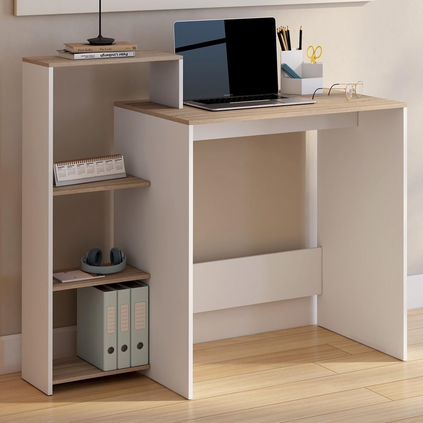 IDMarket – Escritorio con estantes laterales modulares Lilian, madera imitación de haya y blanco