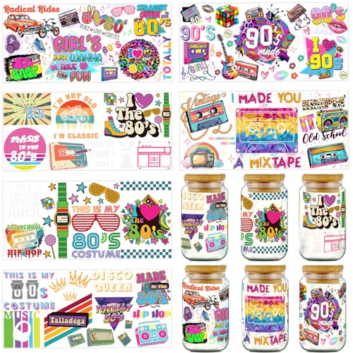 Acuiwer Set di 6 Adesivi Trasferibili per Tema Retro 80s 90s Adesivi DTF UV per Trasferimento Tazze di Vetro Trasferimenti da Strofinare Decalcomania