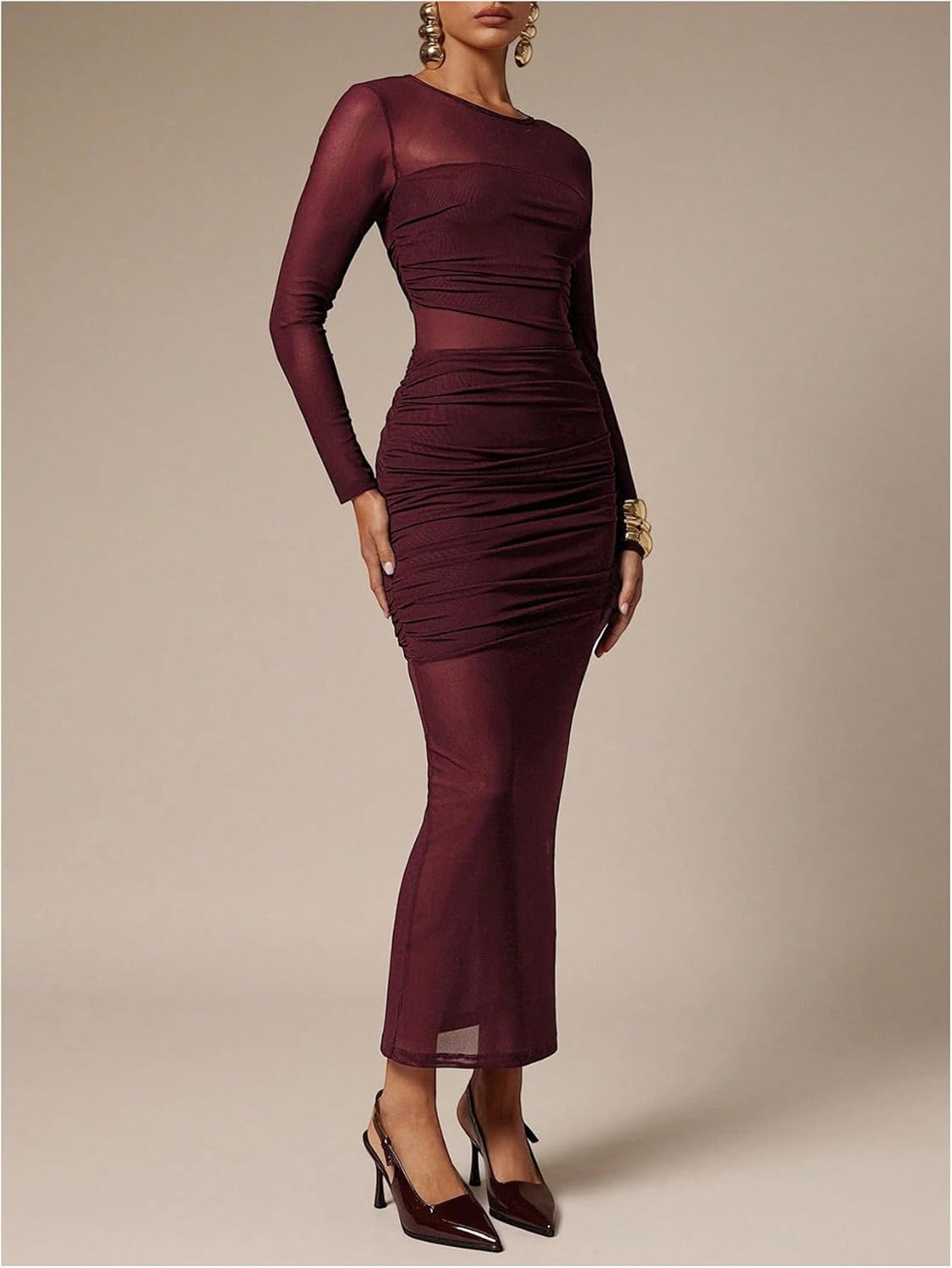 GORGLITTER Women's Ruched Bodycon Maxi Dress Elegant Long Sleeve Birthday Cocktail Graduation Formal Prom Party Dresses - Image 3