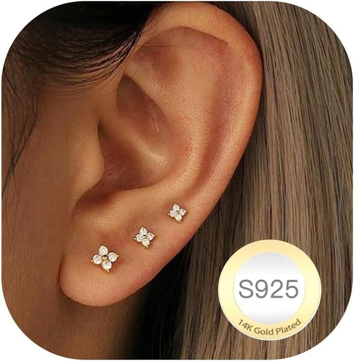 3 Pairs 14K Gold Stud Earrings for Women Hypoallergenic 925 Sterling Silver Stud Earrings Dainty Small Studs CZ Dot Heart Star Tiny Cute Earring Set for Multiple Piercings Jewelry GIft