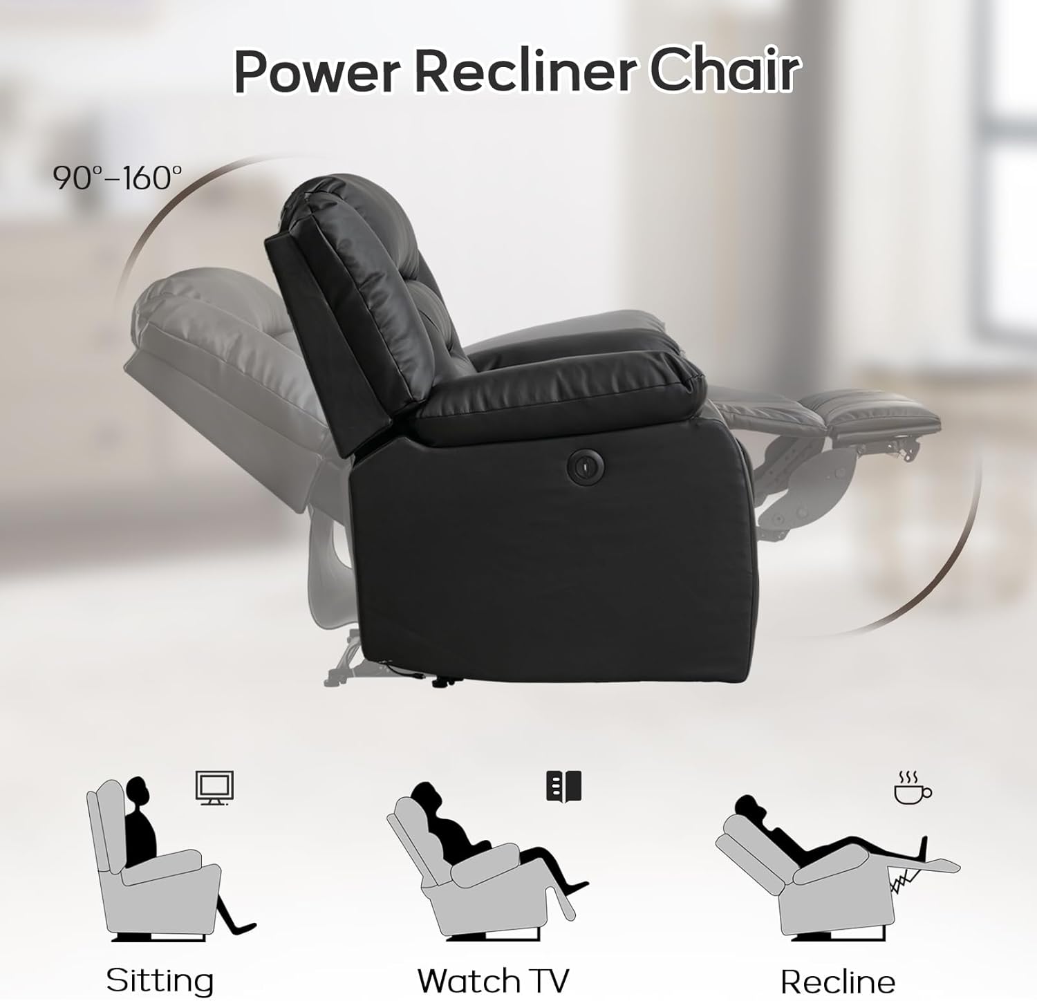 EBELLO Faux Leather Power Recliner Chair, Oversized Electric Overstuffed Reclining Chair with Thick Cushion and Back, Single Sofa with Comfortable Armrest, USB Charge Port, Black (Recliner)