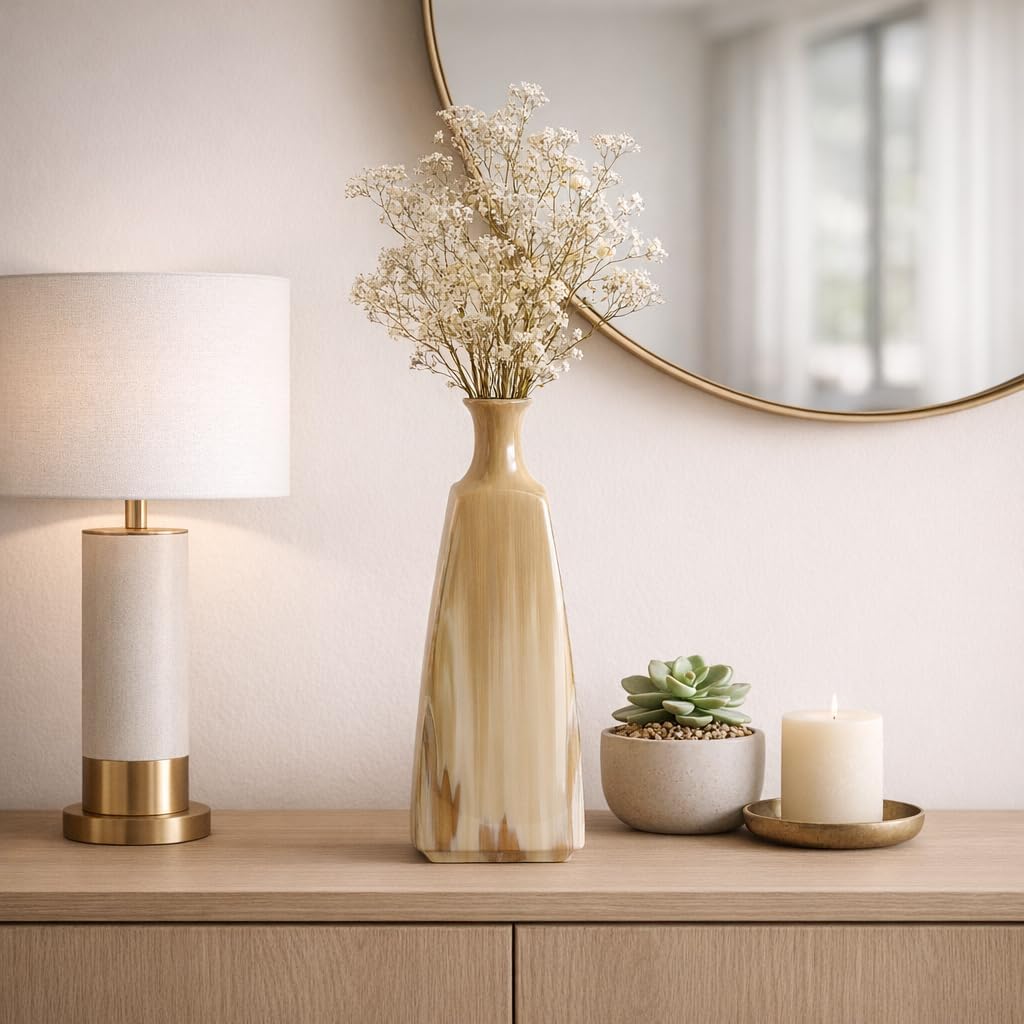 Decorative Tall Ombre Vase for Living Room Decor - Elegant Ceramic Vase for Home or Office Table Styling - Modern Glazed Stoneware Accent for Bedroom, House, and Kitchen Display - 16”, Tan & Ivory