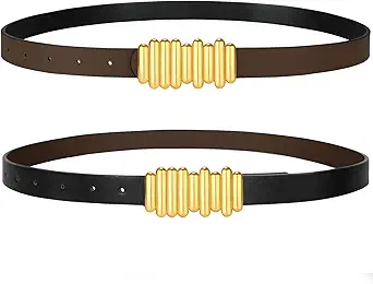 SANSTHS Skinny Reversible Belts for Women, Two-in-one Women Thin Belt for Dresses Jeans Pants with Gold Buckle