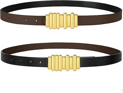 SANSTHS Skinny Reversible Belts for Women, Two-in-one Women Thin Belt for Dresses Jeans Pants with Gold Buckle