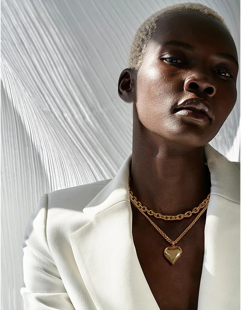 Layered Puffy Heart Necklaces For Women Gold And Silver Plated Heart Pendant Necklace Long Chain Necklace - Image 2