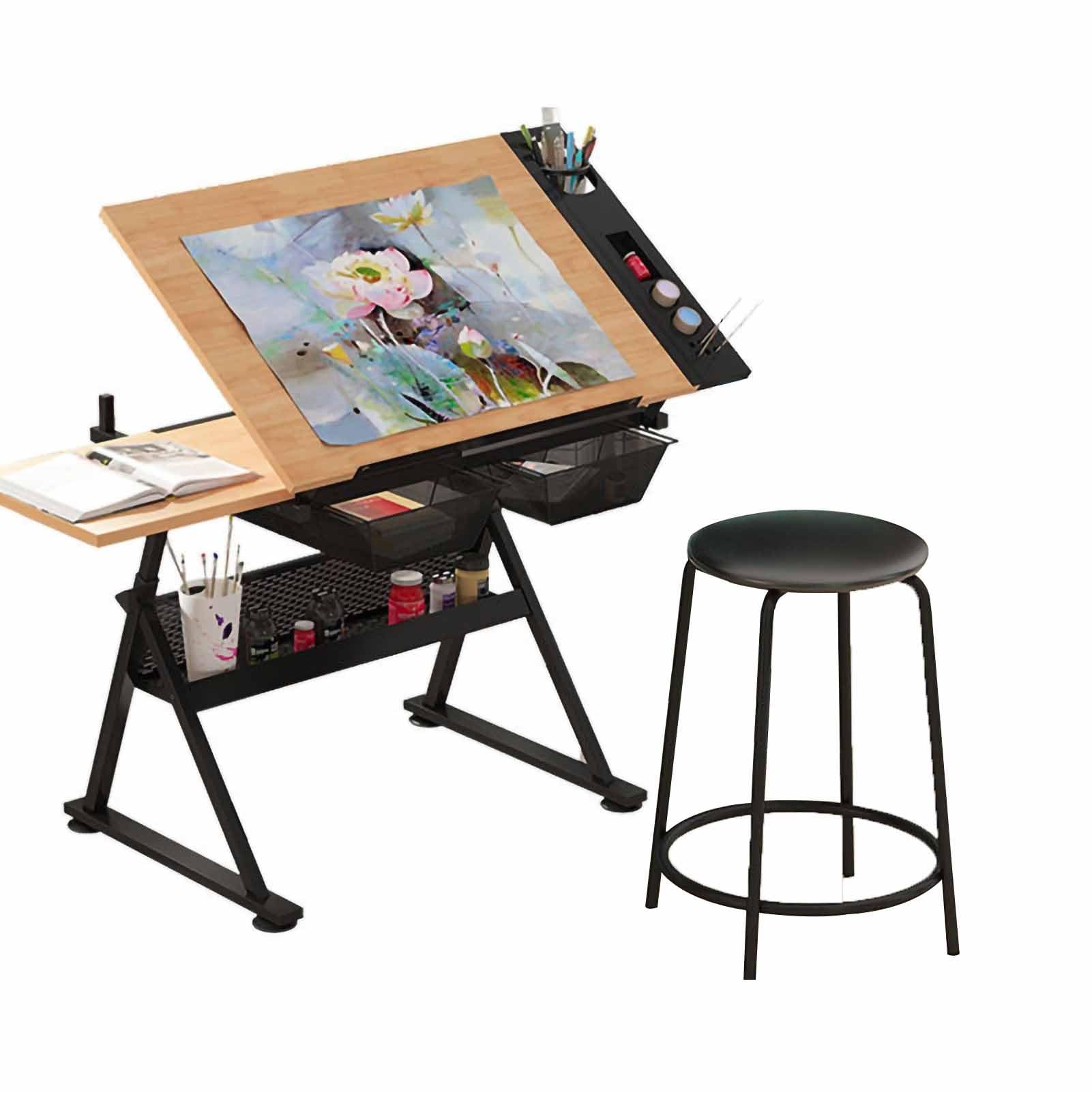OTQEFTN Solid Wood Drafting Table Desk Art&Craft Work Station Drawing Desk Height Adjustable Craft Table w/Stool and 2 Storage Drawers for Home Office School Study Room