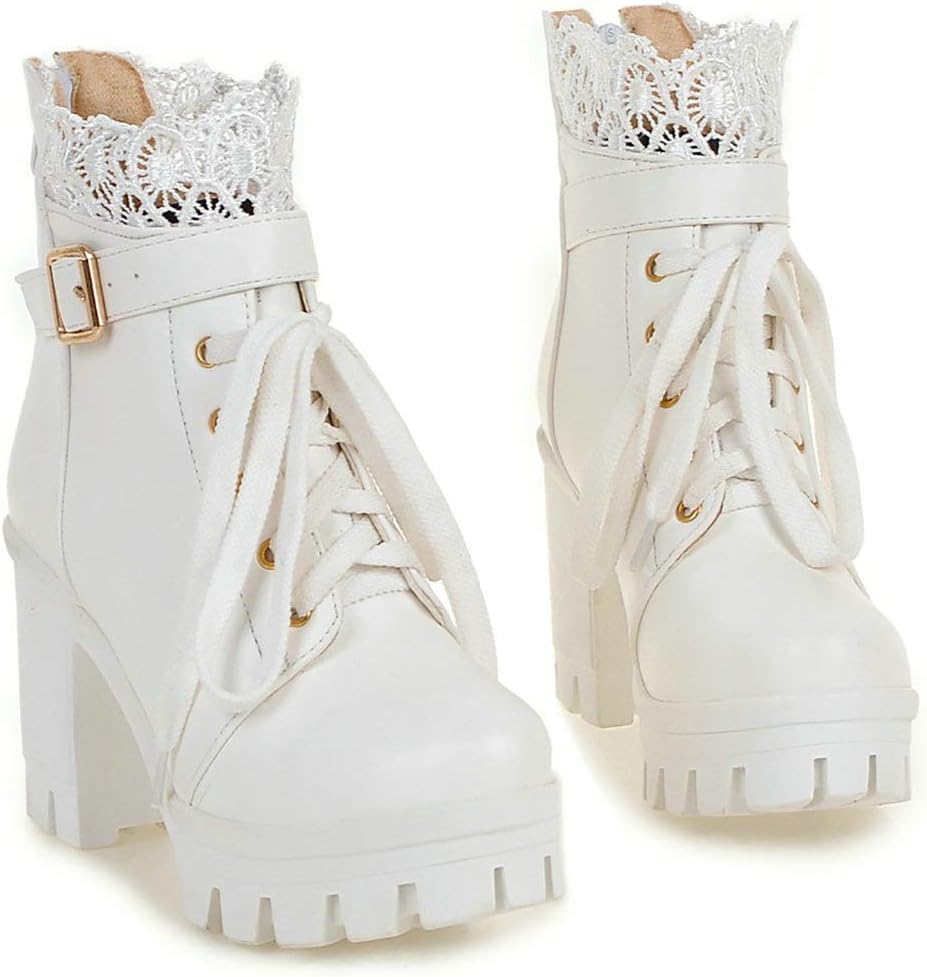 Parisuit Womens Chunky Platform Ankle Boots High Heel Lace Up Boots Sweet Lace Back Zipper Shoes