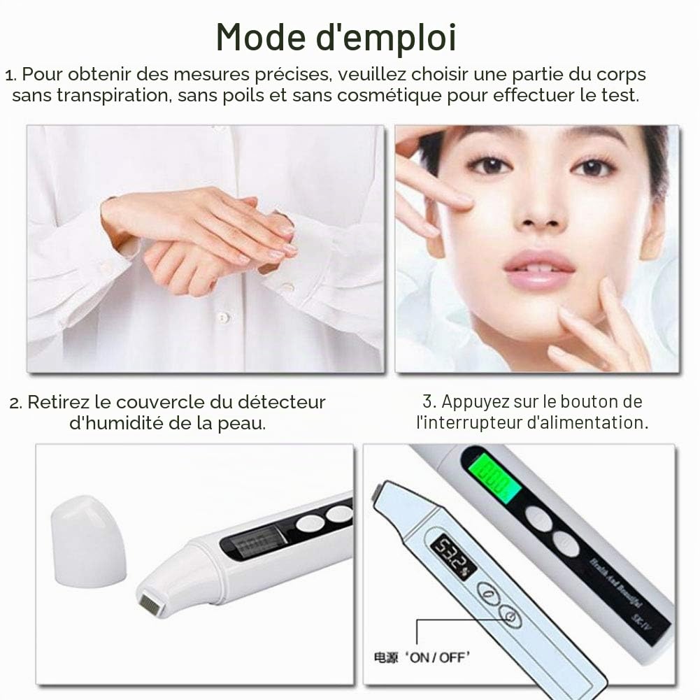 Analyseur de Peau, LCD Digital Hydratation du Visage, 0~99,9% Détecteur d'appareil de contr?Le de Moniteur d'analyseur de Peau pour la Maison, Le Salon, Les Voyages (Blanc)