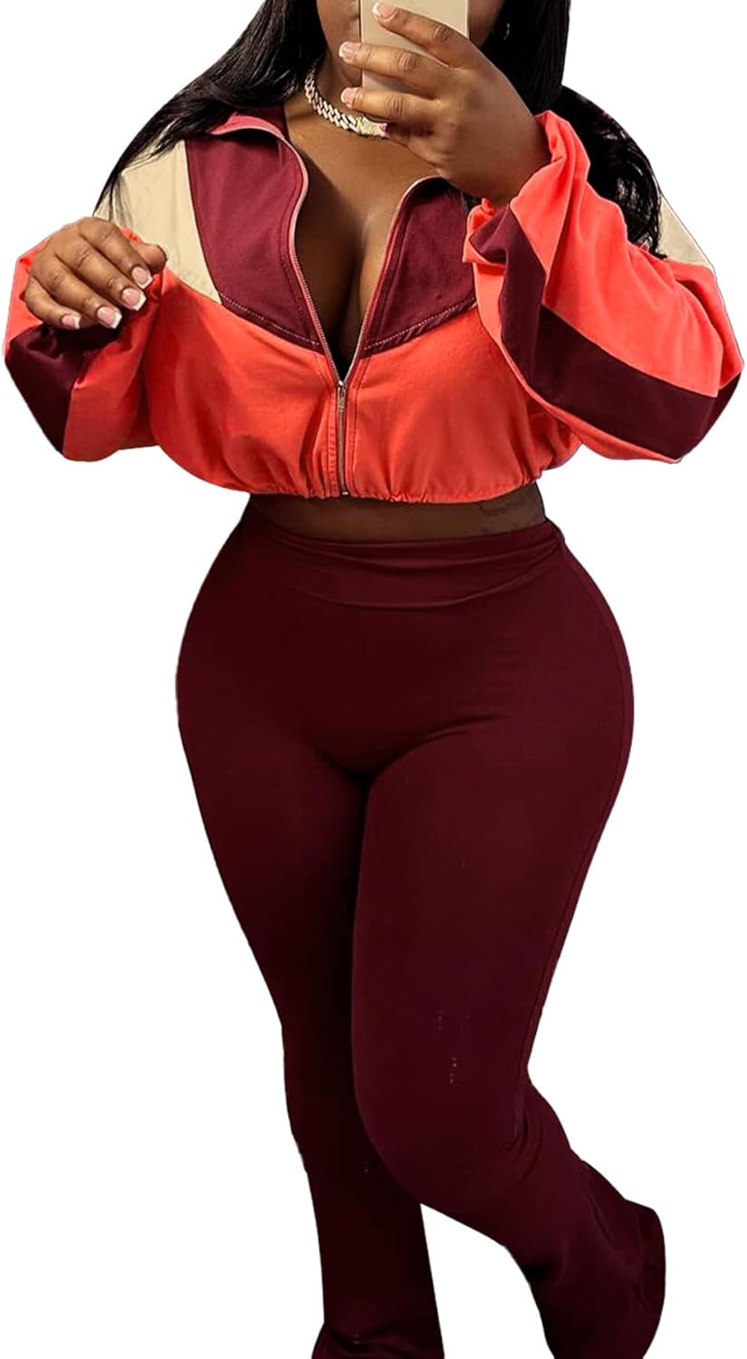 SHINFY Womens Sweatsuits 2 Piece Set Long Sleeve Color Block Cropped Jacket Leggings Pants Jogger Tracksuits Sets