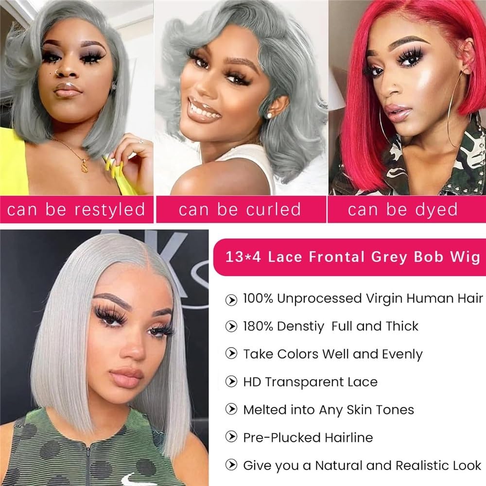 Wigs Szary 13x4 Przezroczysty HD Koronki Bob Wigs Proste ludzkie włosy 180 Gęstość Bezklejowy Bob Wig dla kobiet Peruki (16 cali)