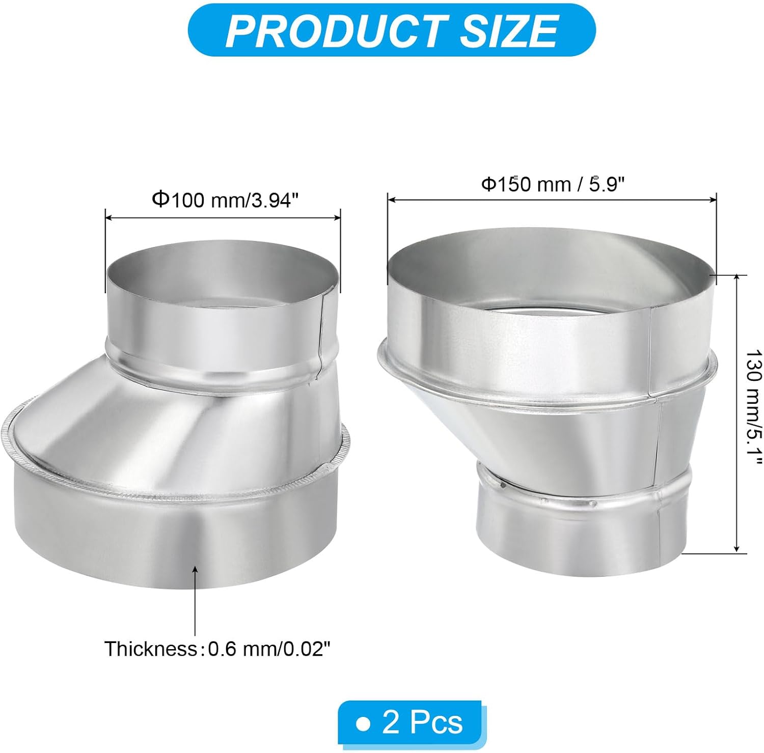 PATIKIL 6" to 4" Eccentric Duct Reducer, 2Pcs Galvanized Iron Ducting Connector Round Air Duct Adapter Pipe Fitting for Vent Inline Ventilation Bathroom Kitchen