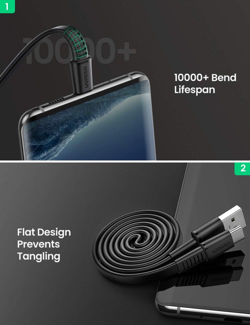 UGREEN USB C to USB A 2.0 Cable Flat Type C Fast Charger Compatible with Galaxy S20 S10 Plus S9 S8 Note 9 8, PS5 DualSense Controller, GoPro Hero 7 6 5, LG G8 G7 V40 V20 6FT