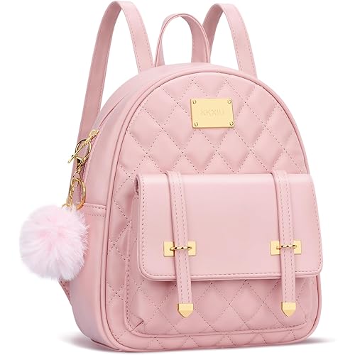 KKXIU Girls Small Backpack Purse Vegan Leather Quilted Mini Daypack for Women Trendy Bookbag (Pink)