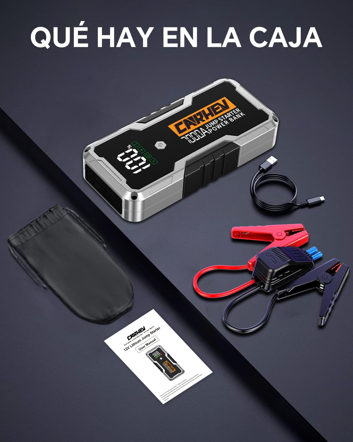 CARHEV Arrancador de Coches 7000A, 12V Arrancador de Bateria de Coche Portátil Compatible con Motores de Gasolina y diésel de hasta 10 litros, Jump Starter con Linterna LED y Pinzas bateria Coches