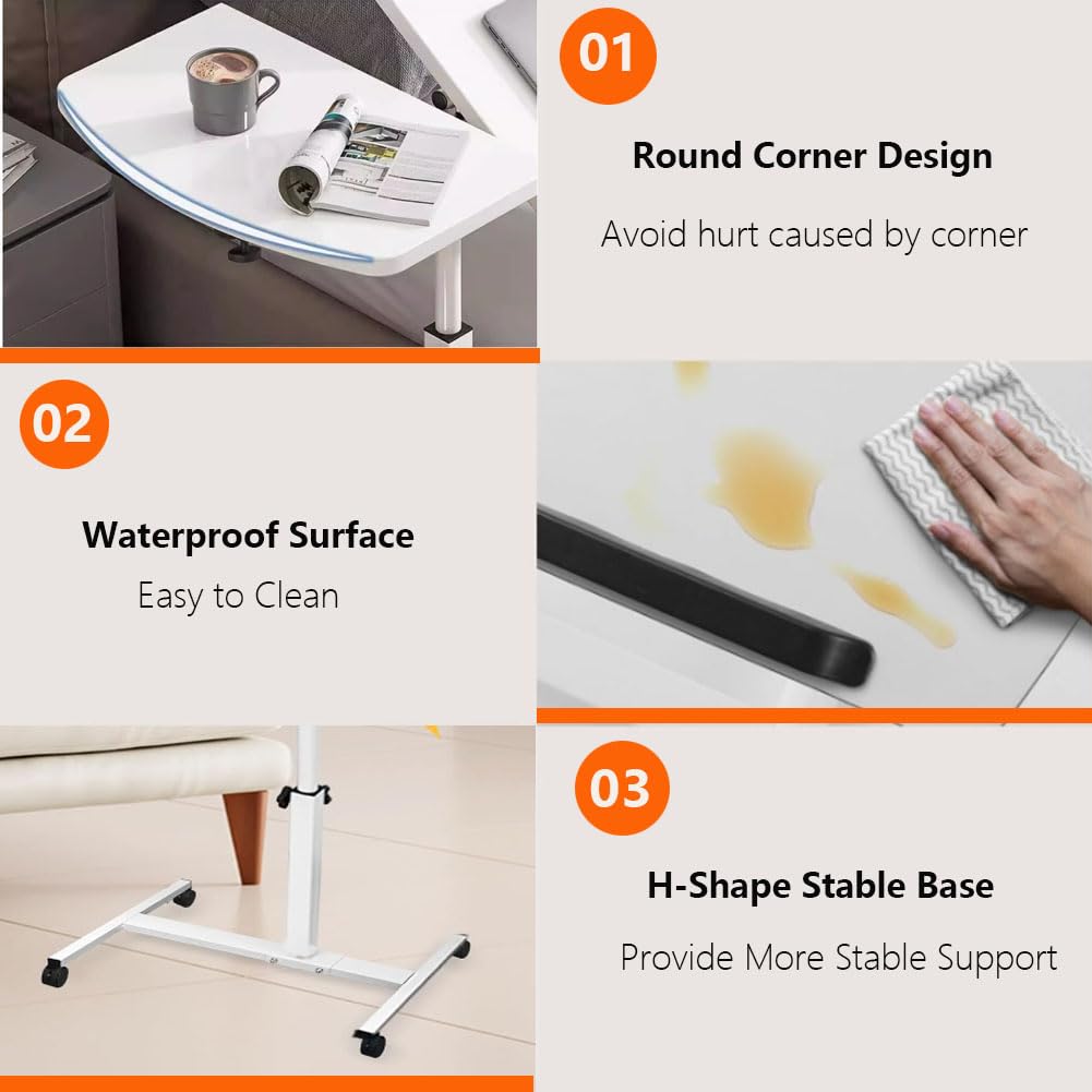 Table de lit avec roulettes, table d'appoint en forme de C réglable en hauteur, table de chevet pour la maison, le café, le thé, pour ordinateur portable, pour usage domestique et hôpital