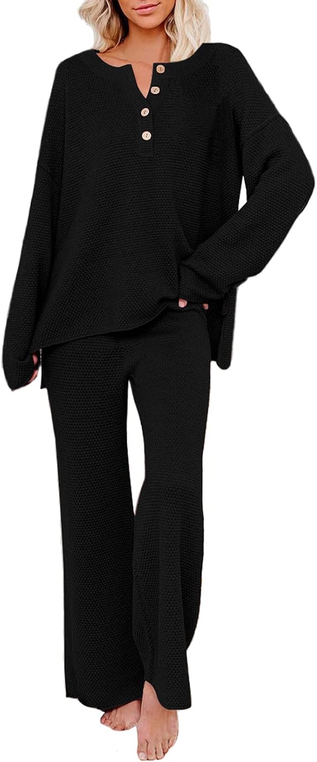 Viottiset Women's 2 Piece Outfits Sweatsuit Knit Long Sleeve Sweater Wide Leg Pants Loungewear - Image 7