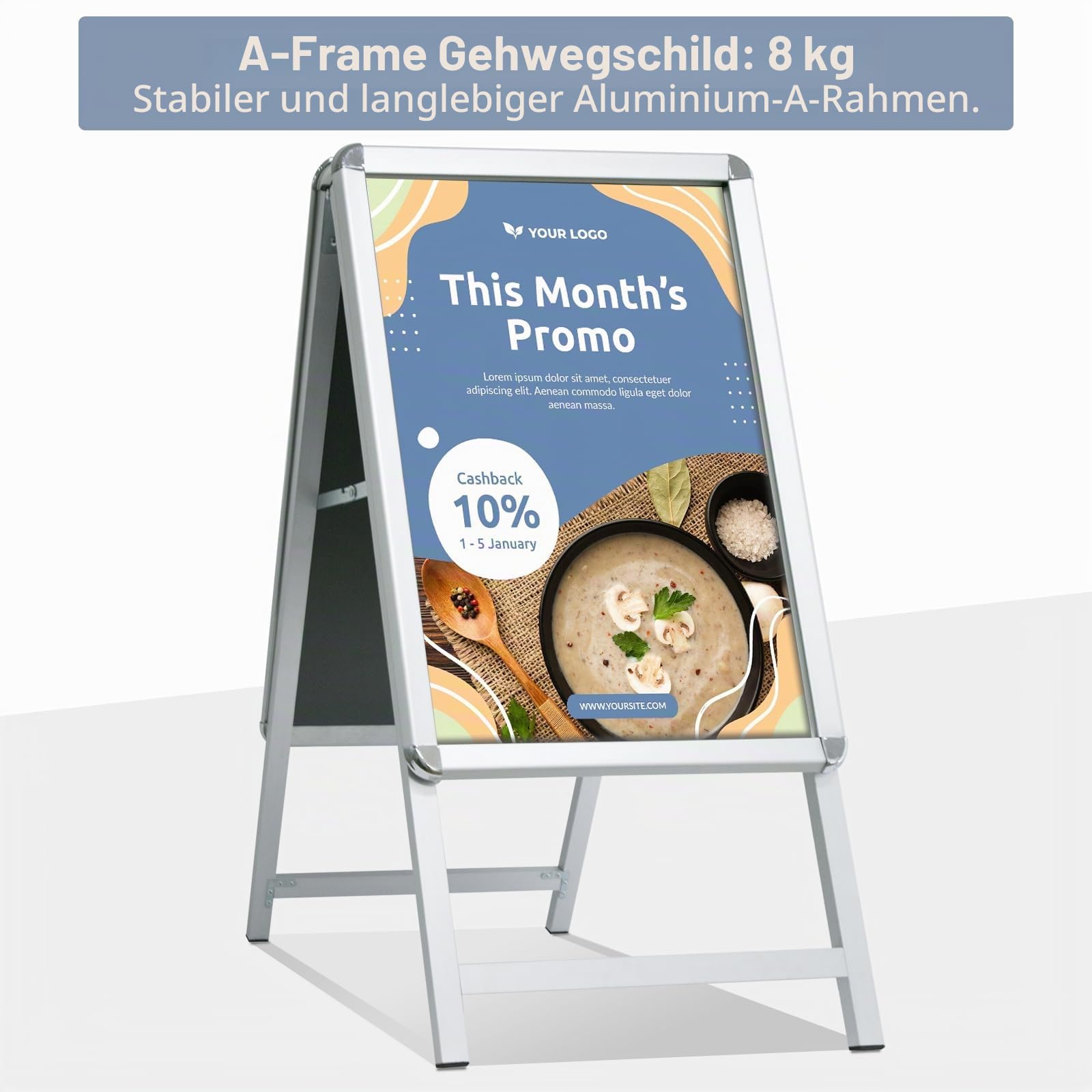 Gehweg-Schilderrahmen mit doppelseitigem Display, A-Board, Posterständer und Schilderhalter für Werbung (Silber-A1)